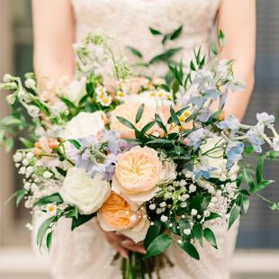 BB1691 - Peach and Dusty Blue Vintage Garden Bouquet