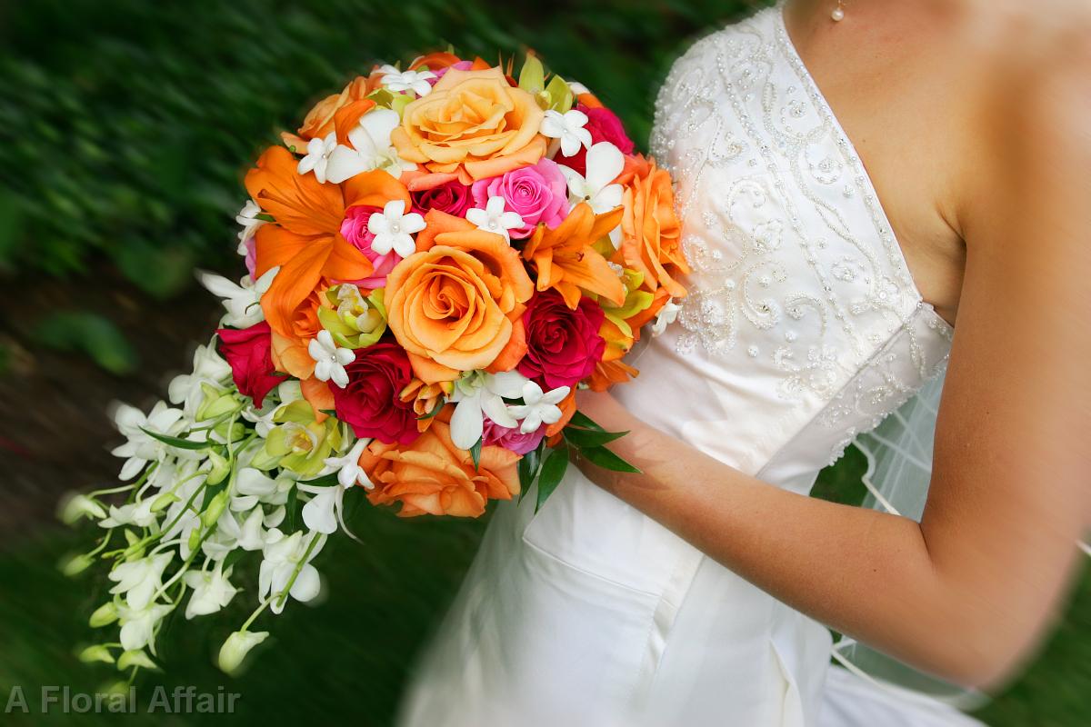 BB0015-Pink, White, Orange, and Green Brides Cascading Bouquet