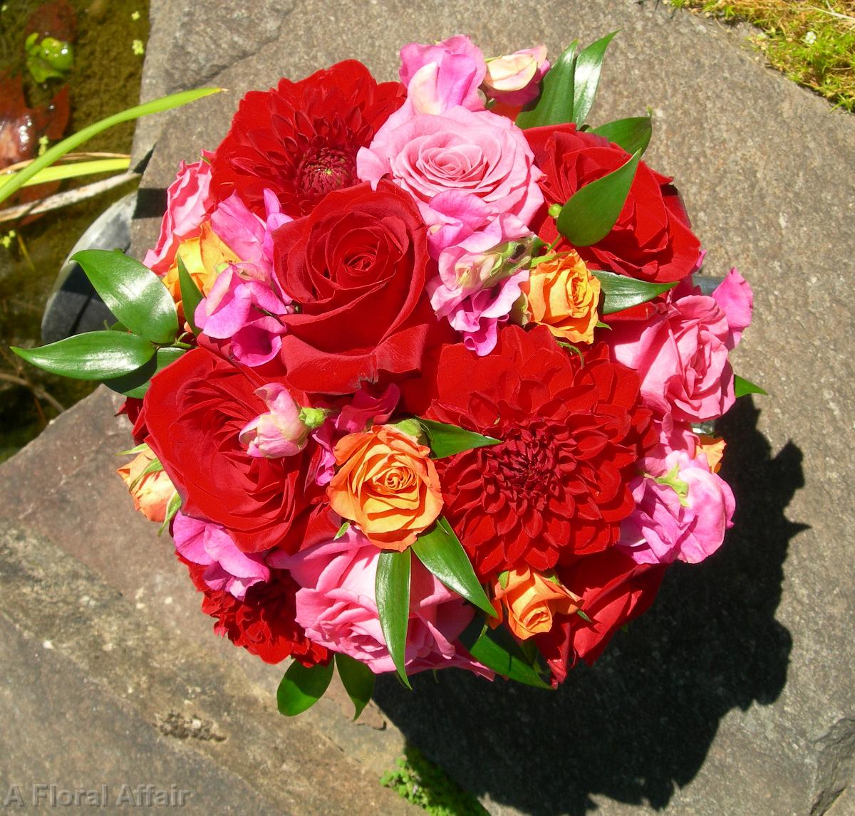 BB0130-Red and Pink Rose and Dahlia Summer Bridal Bouquet
