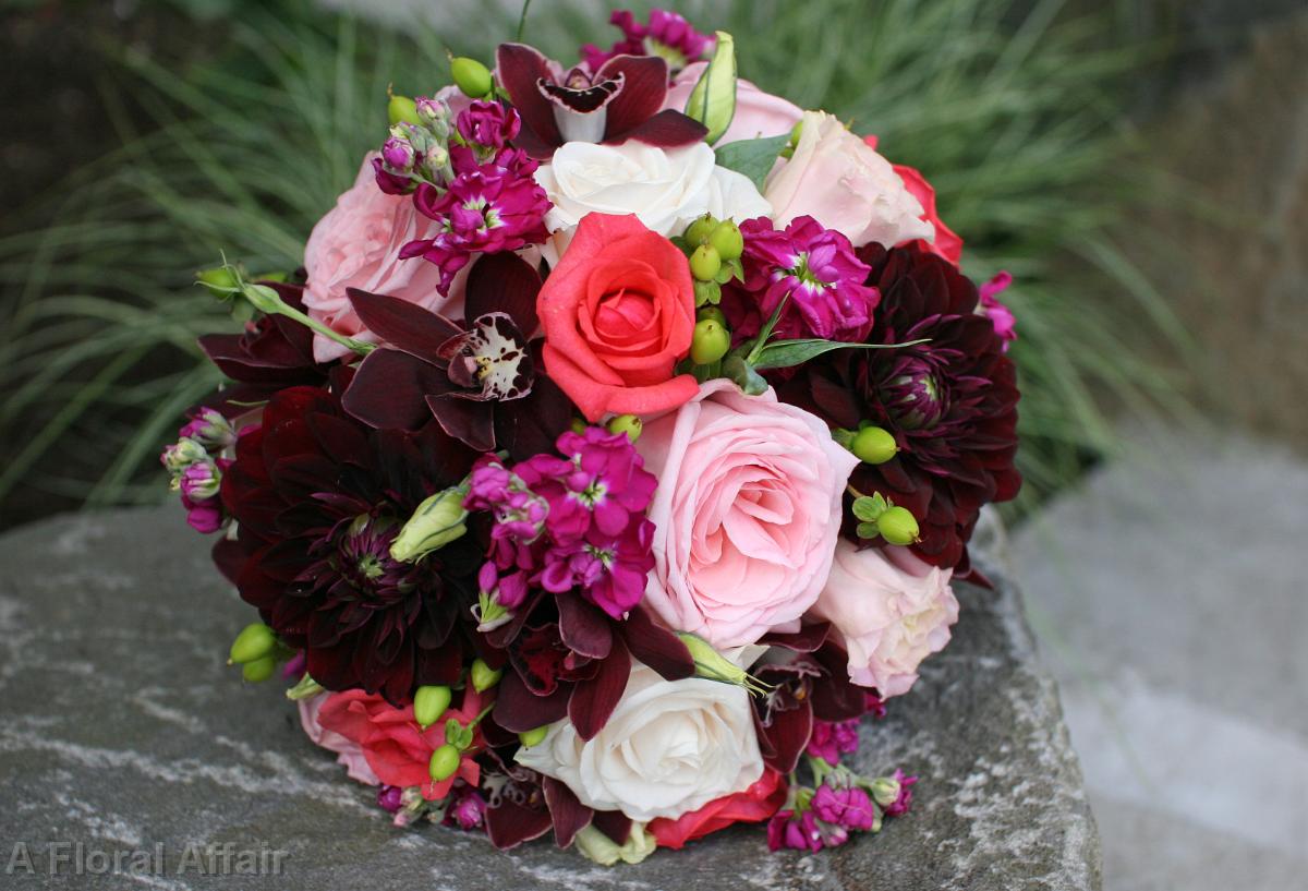 BB0578-Coral, Raspberry, and Pink Wedding Bouquet