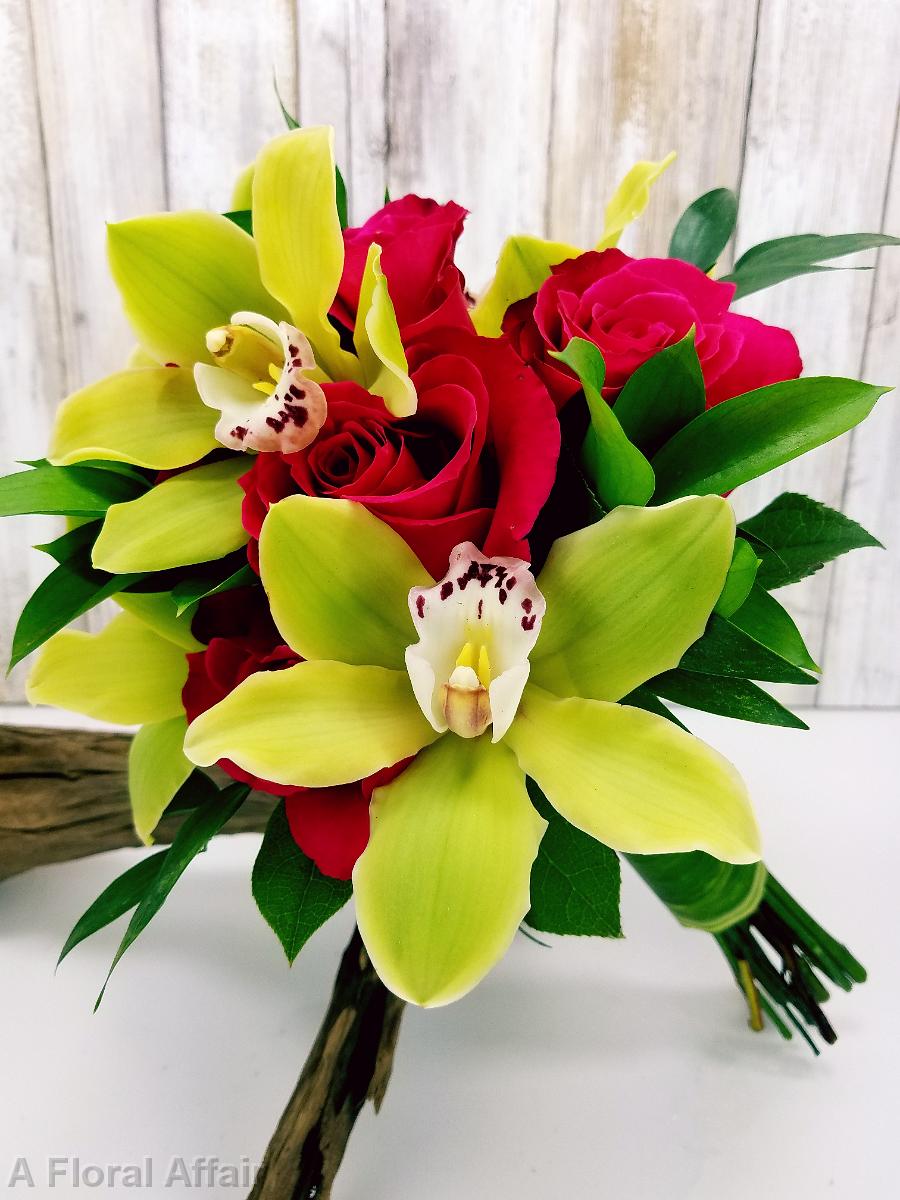 BB1346-Green Cymbidium and Magenta Rose Wedding Bouquet