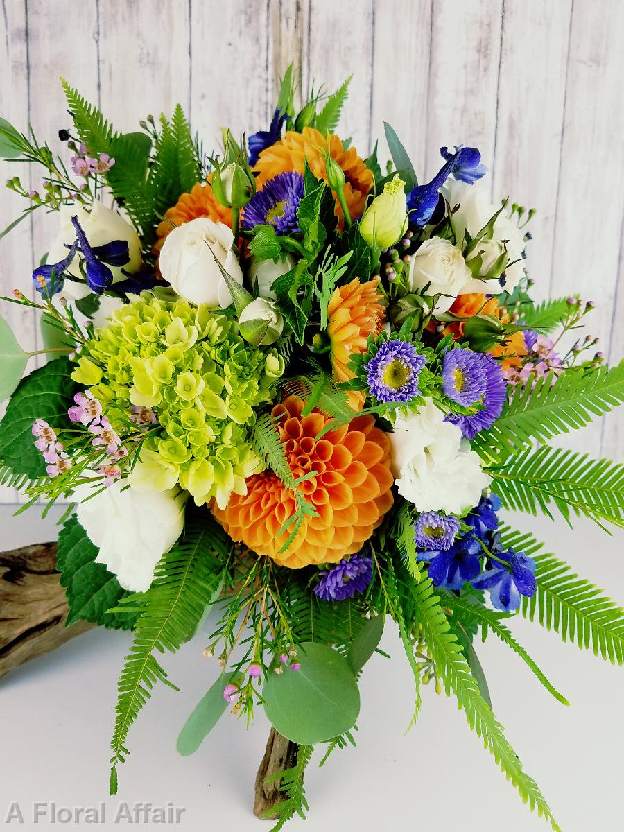 BB1382-Summer Orange, Blue and Green Brides Bouquet