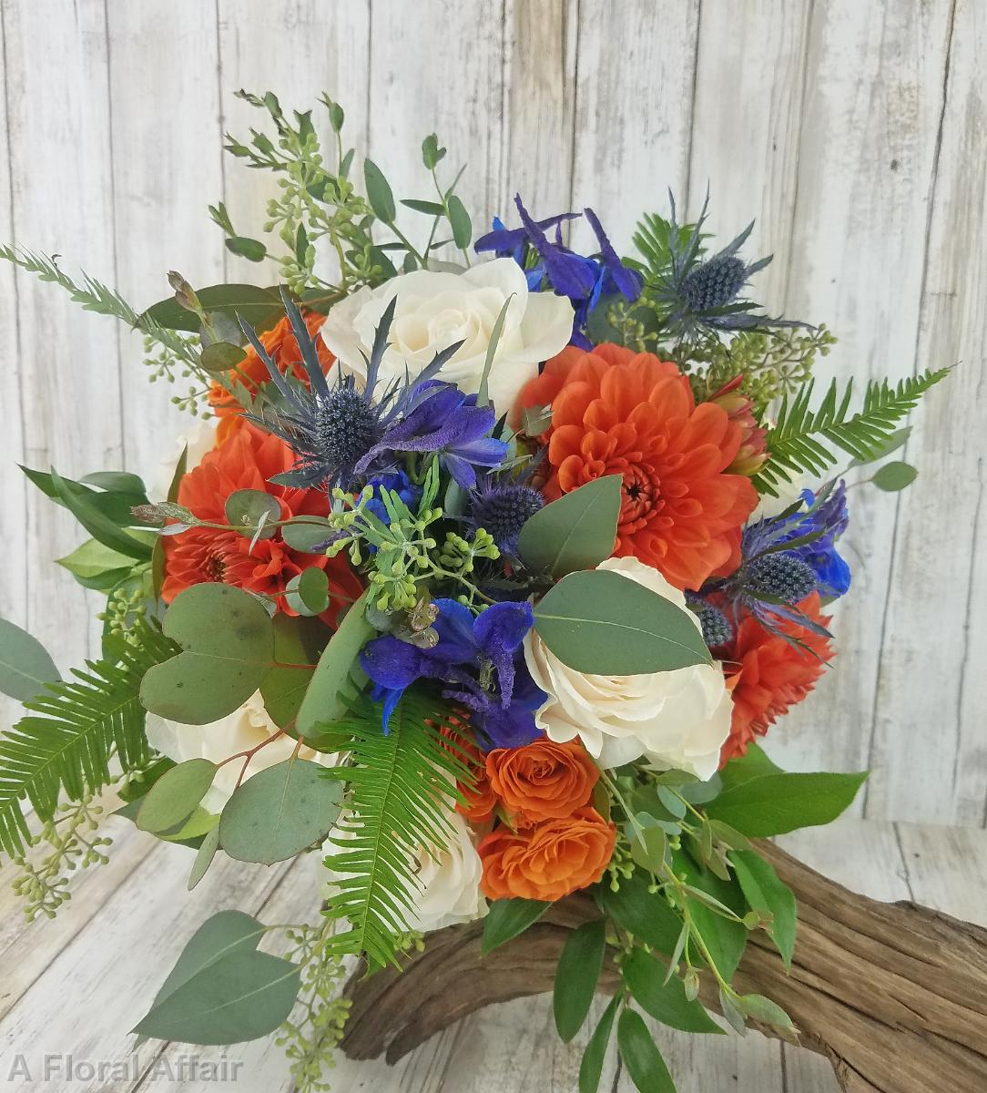 BB1459-Fall, Rustic Persimmon Orange and Blue Brides Bouquet