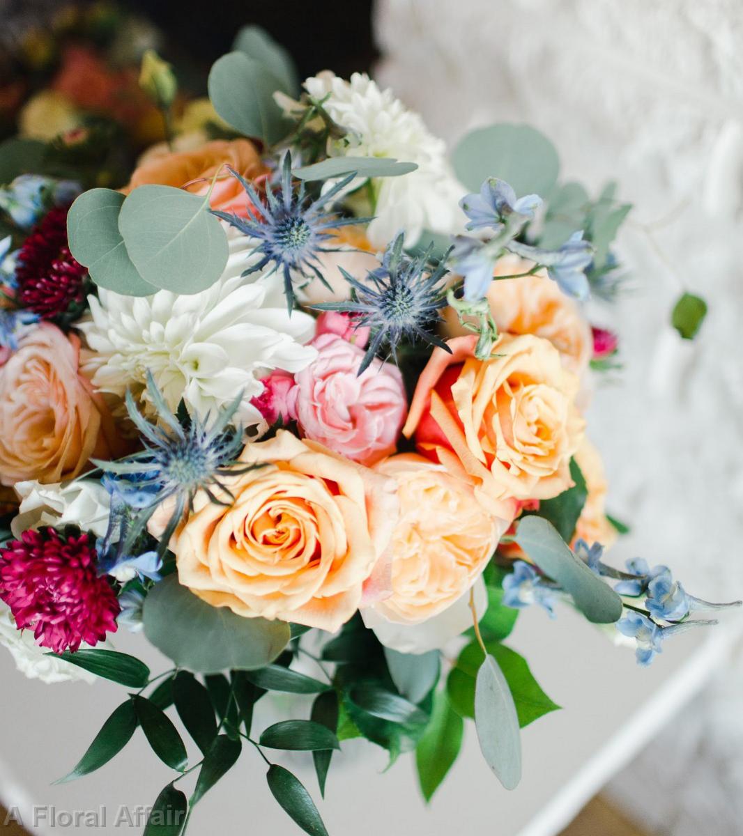 BB1542-Coral, Pale Orange, and Dusty Blue Wedding Bouquet