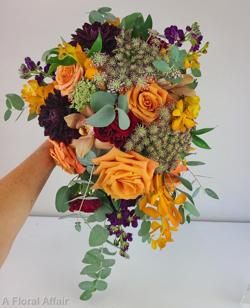 BB1564-Cascading Light Orange, Maroon and  Dark Purple Brides Bouquet