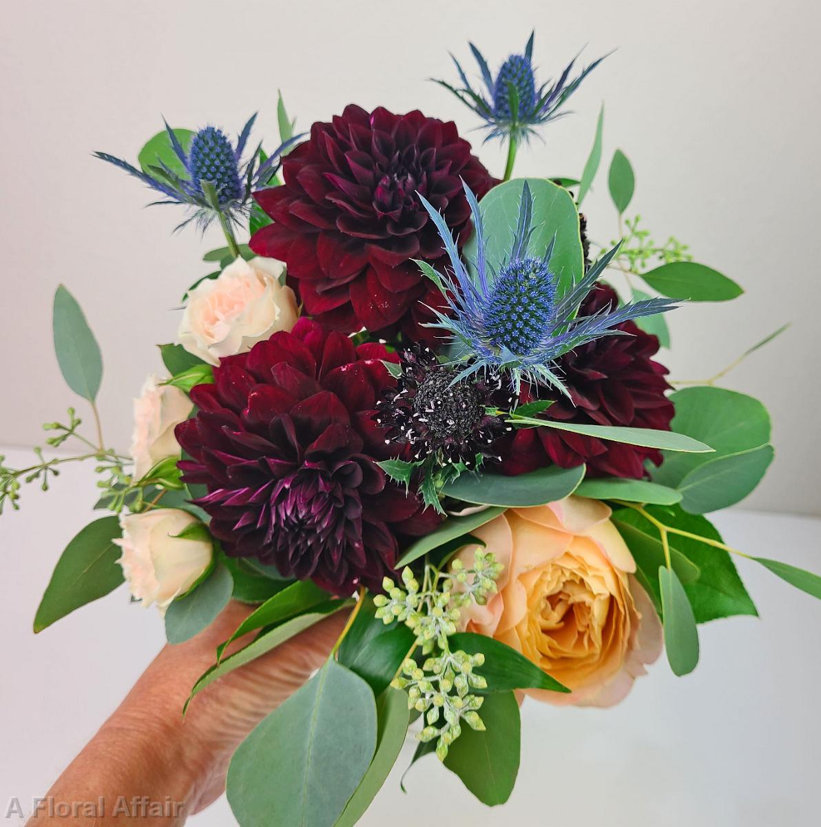 BB1575-Moody Dark Burgundy, Gold, Blue and Blush Bridesmaids Bouquet