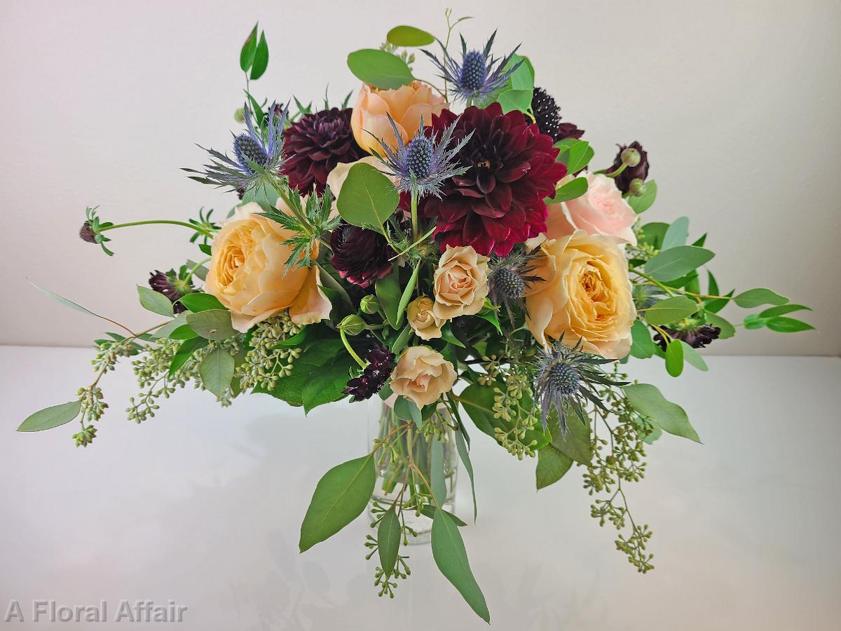 BB1576-Moody Dark Burgundy, Gold, Blue and Blush Brides Bouquet