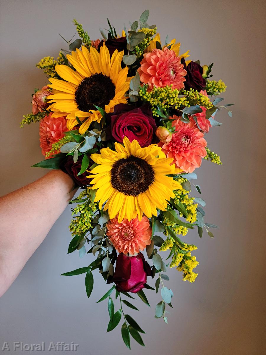 BB1611-Summer Cascading Yellow, Orange and Burgundy Brides Bouquet edited-1