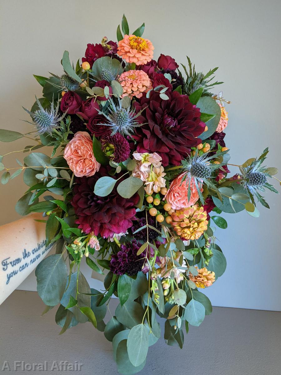 BB1681- Burgundy and Peach Cascading Bouquet