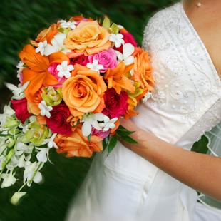 BB0015-Pink, White, Orange, and Green Brides Cascading Bouquet