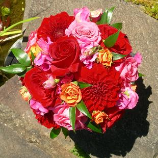 BB0130-Red and Pink Rose and Dahlia Summer Bridal Bouquet