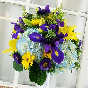 BB0952-Royal Purple, Blue and Yellow Wedding Flowers