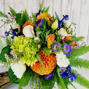 BB1382-Summer Orange, Blue and Green Brides Bouquet