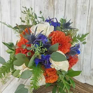 BB1459-Fall, Rustic Persimmon Orange and Blue Brides Bouquet