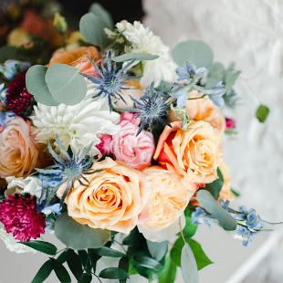 BB1542-Coral, Pale Orange, and Dusty Blue Wedding Bouquet