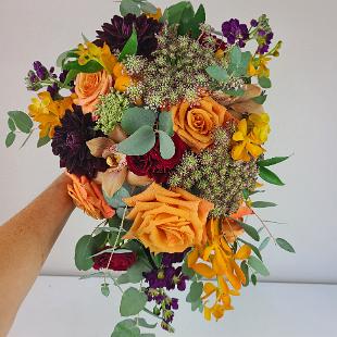 BB1564-Cascading Light Orange, Maroon and  Dark Purple Brides Bouquet