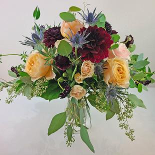 BB1576-Moody Dark Burgundy, Gold, Blue and Blush Brides Bouquet