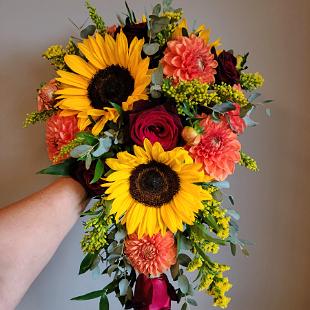 BB1611-Summer Cascading Yellow, Orange and Burgundy Brides Bouquet edited-1