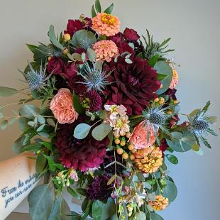 BB1681- Burgundy and Peach Cascading Bouquet