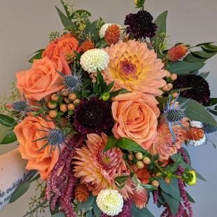 BB1687 - Peach and Burgundy Canscading Bridal Bouquet edited-1