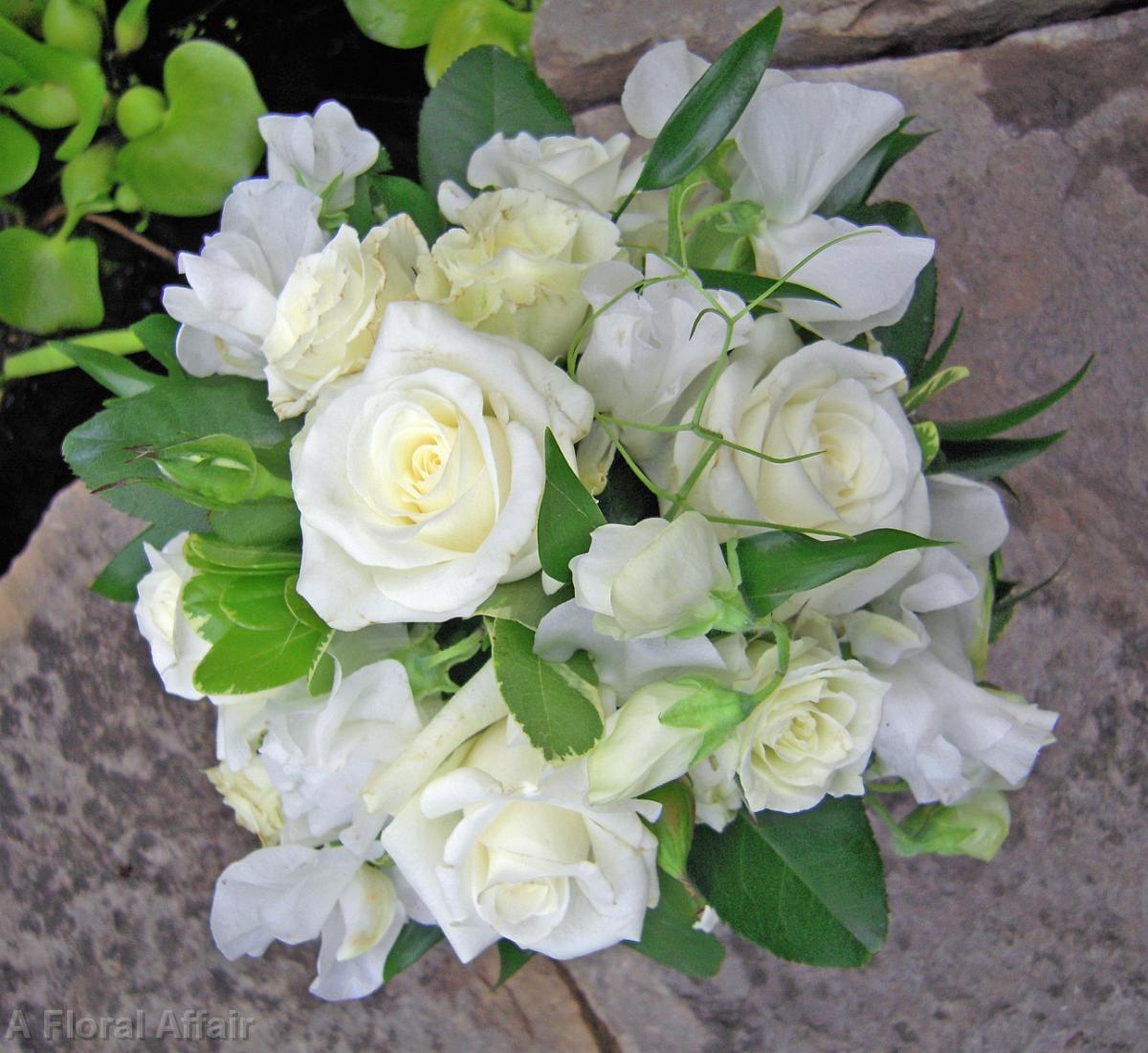 BB0244-White Rose and Sweet Pea Bridesmaid Bouquet