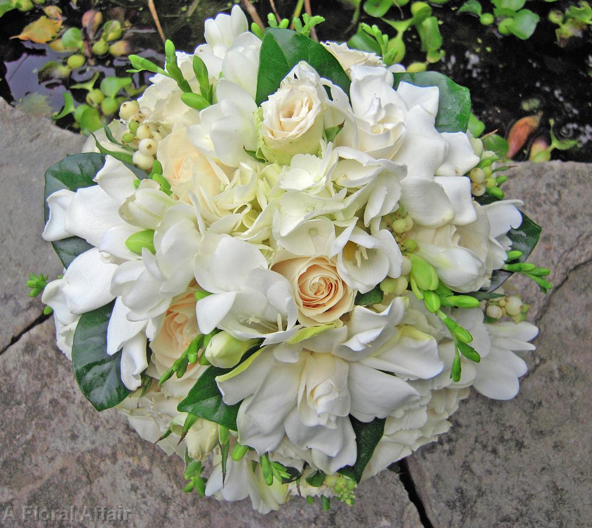 BB0294-White Rose, Hydrangea, Freesia, and Gardenia Bride's Bouquet