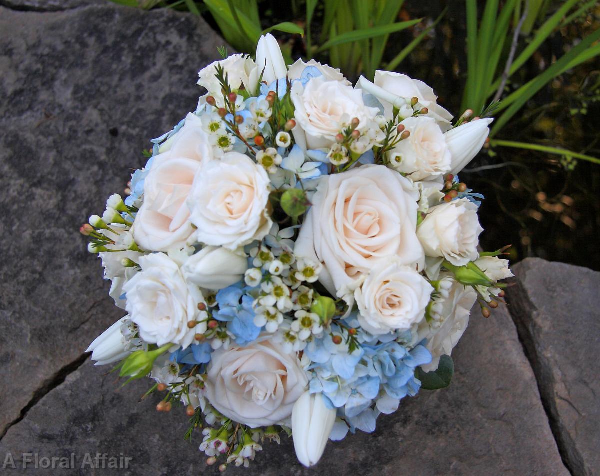 BB0331-Ivory Garden Rose, Wax Flower, and Blue Hydrangea Bouquet