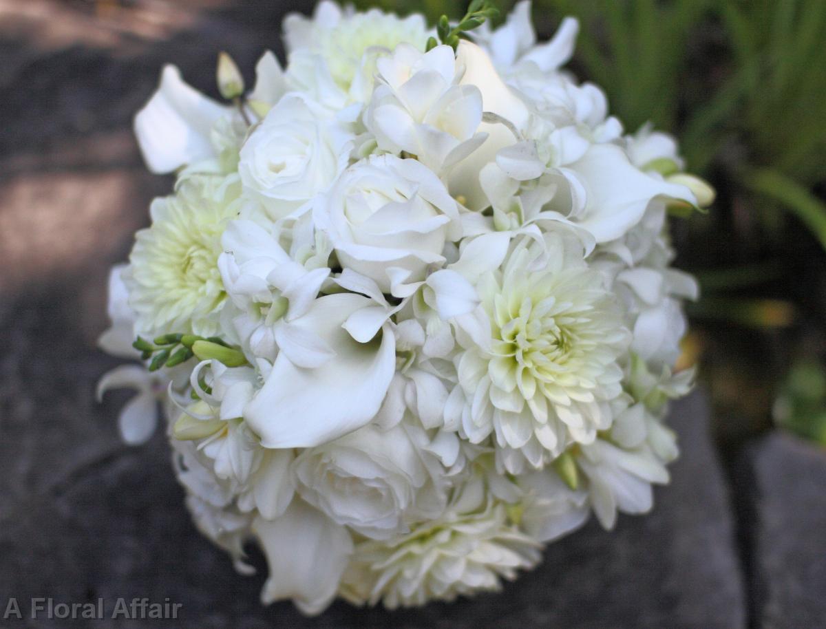 BB0437-White Dahlia, Rose, and Orchid Bridal Bouquet