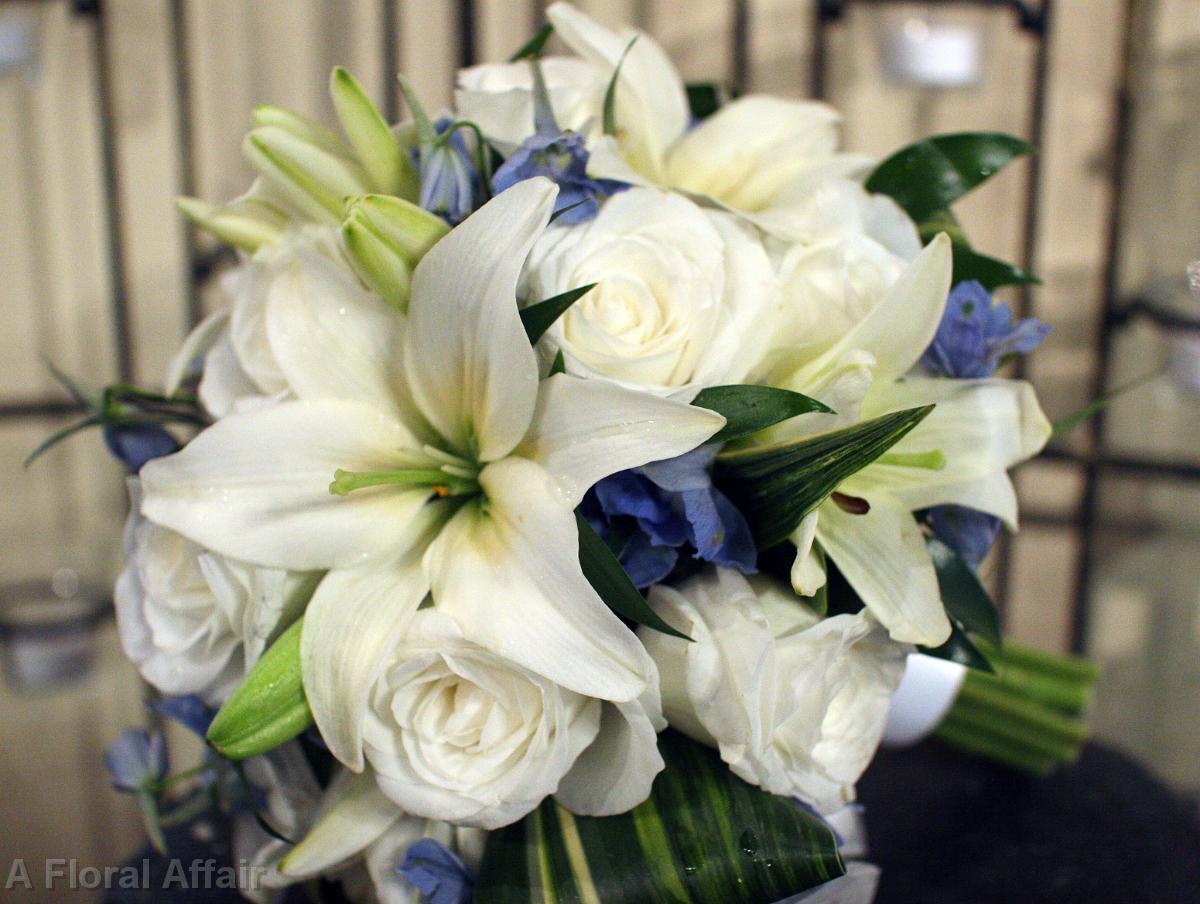 BB0525-White Lily, Rose, and Dark Blue Belladonna Bouquet
