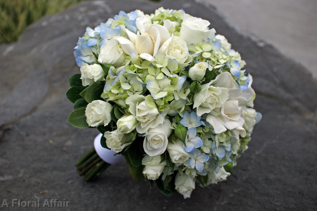 BB0540-Blue Hydrangea, White Gardenia, and Rose Bouquet