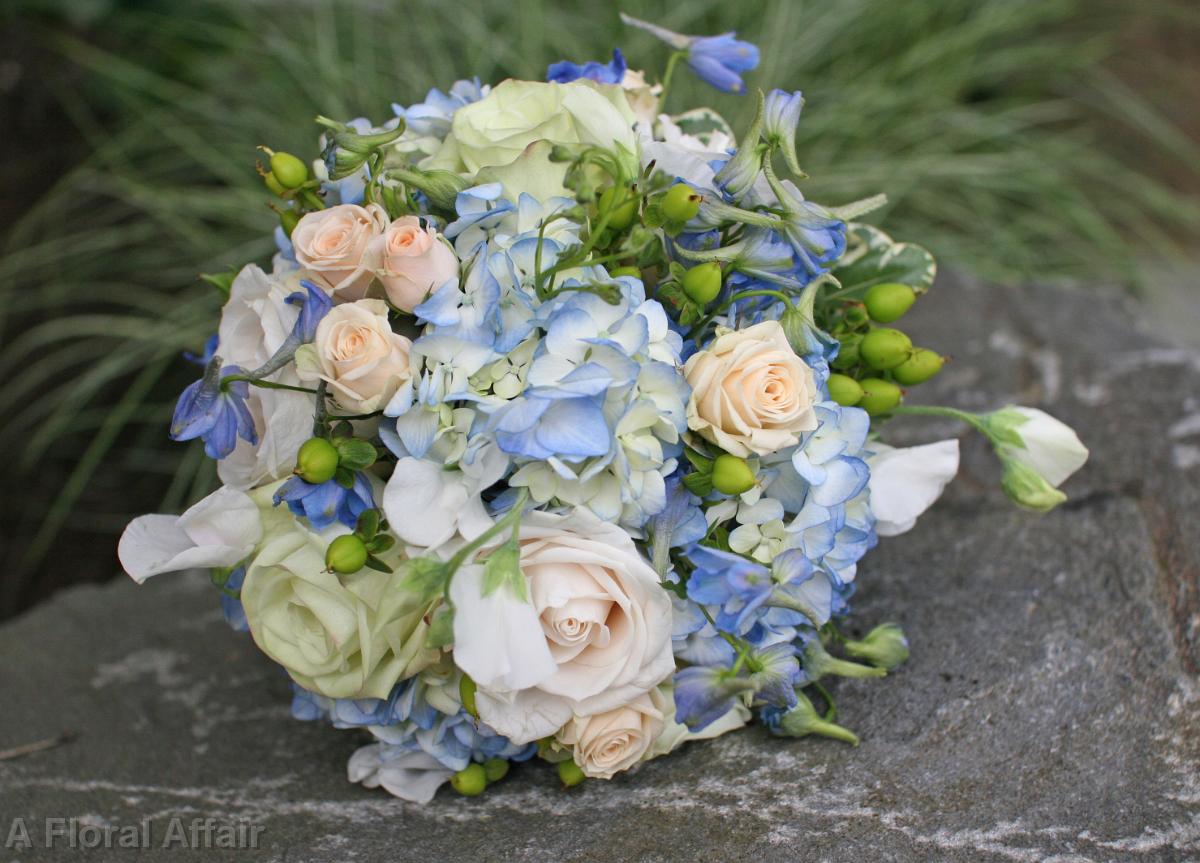 BB0577-Blue Hydrangea, Champagne and Ivory Rose Bridal Bouquet