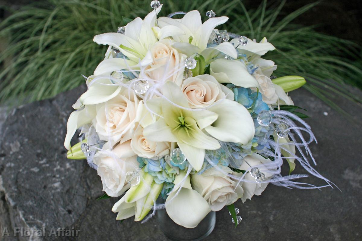 BB0627B-White and Blue Bridal Bouquet with Feathers