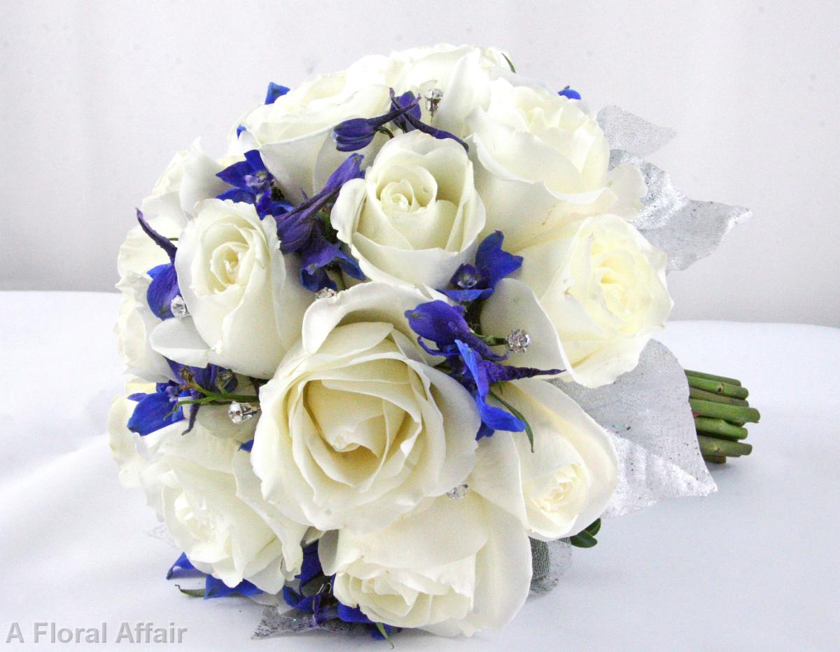 BB0853-Winter White Rose and Blue Brides Bouquet