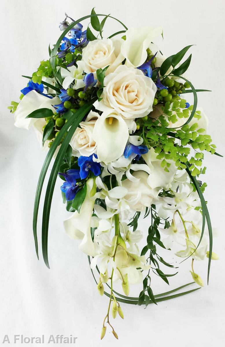 BB0965-White and Blue Modern Garden Cascade Bouquet