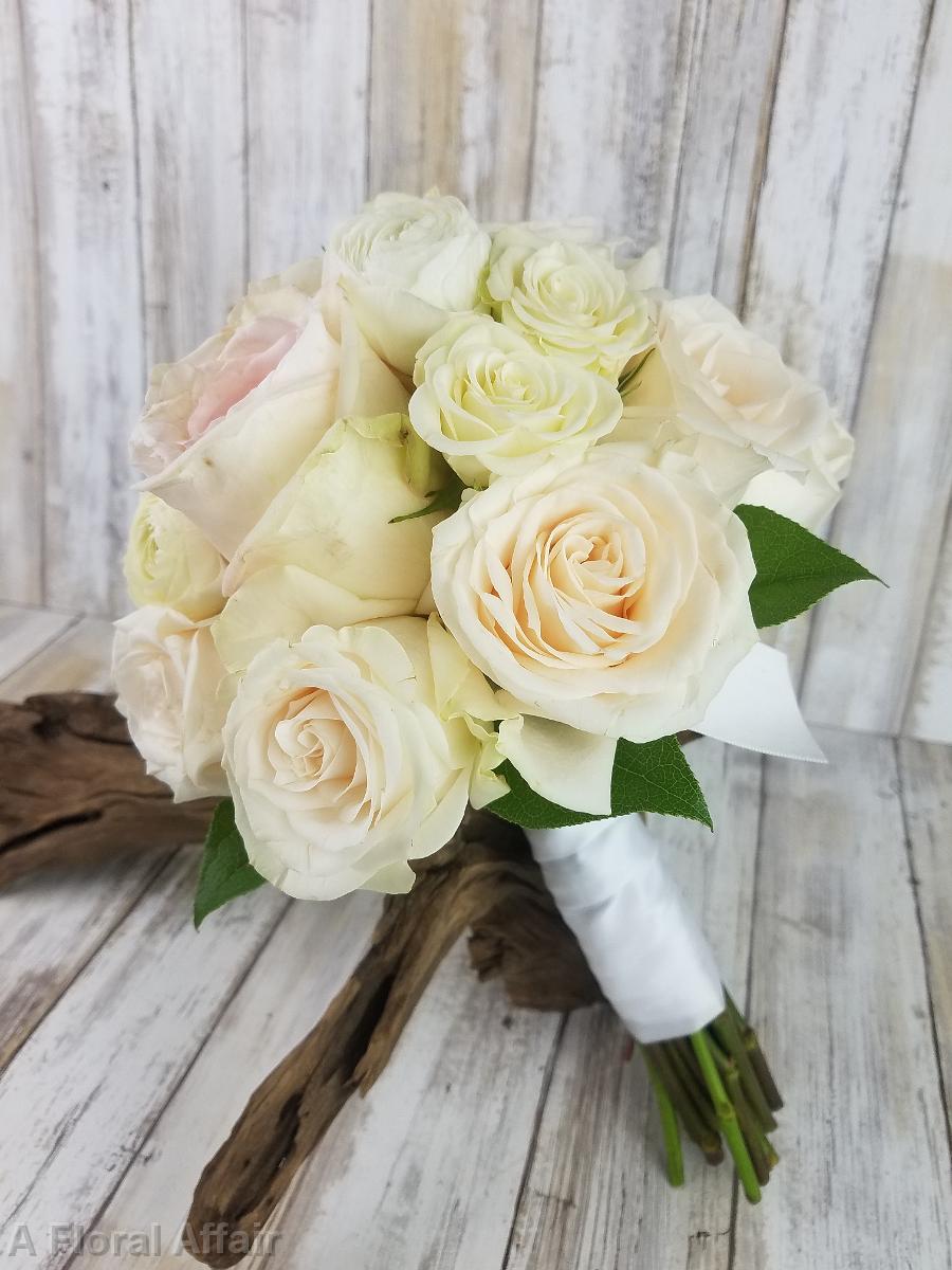 BB1408-Elegant All White Rose Bridesmaids Bouquet