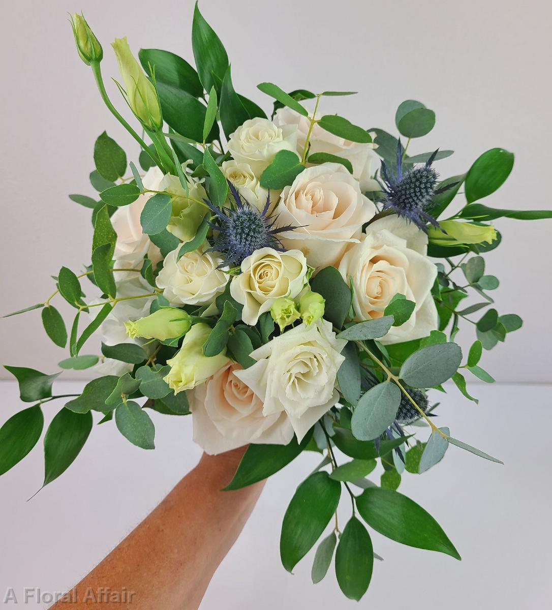 BB1566-Romantic White, Green with Blue Wedding Bouquet