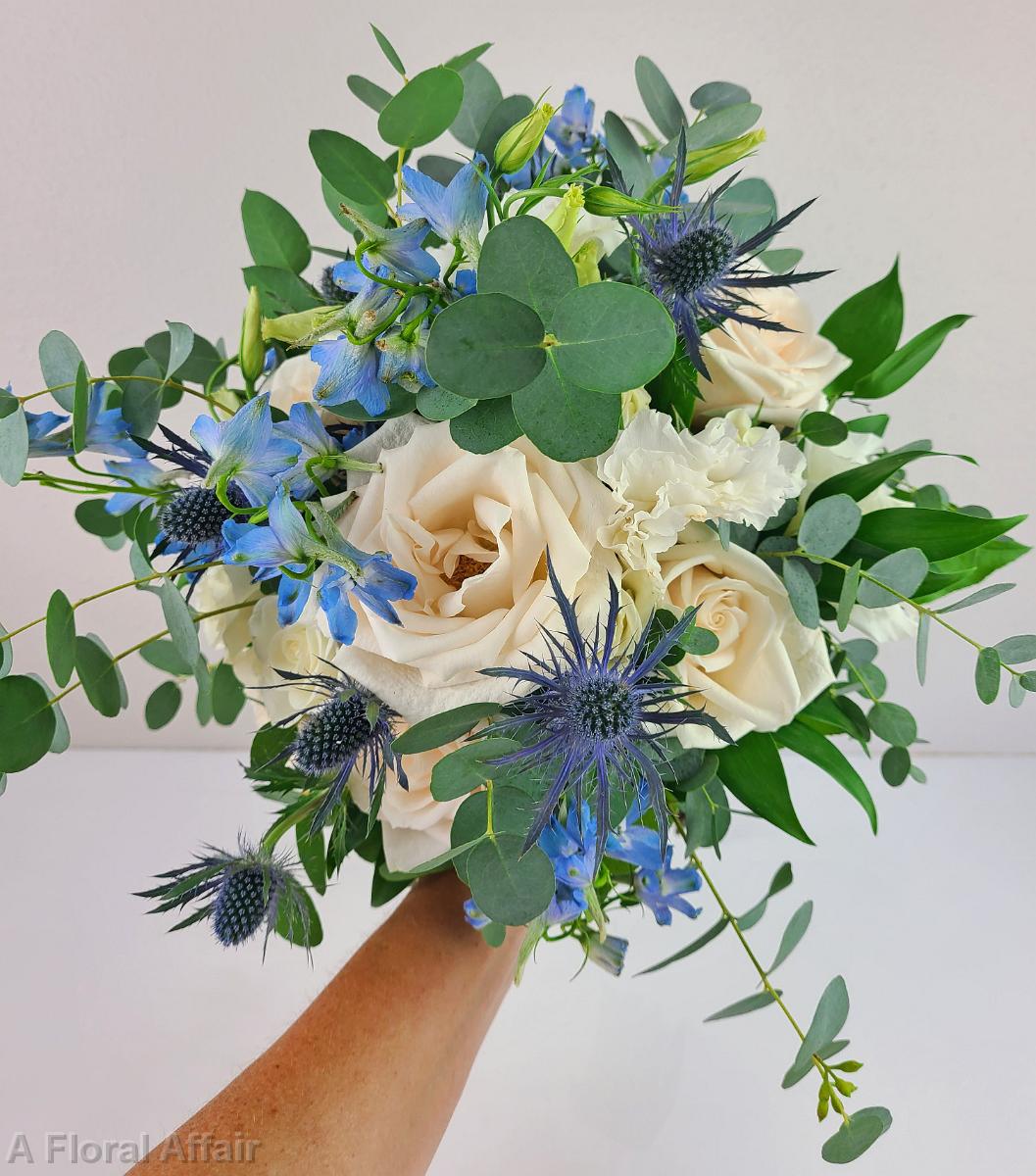 BB1567-Loose, Romantic Blue and White Brides Bouquet