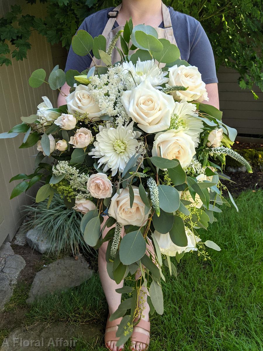 BB1672- White and Green Cascading Bridal Bouquet