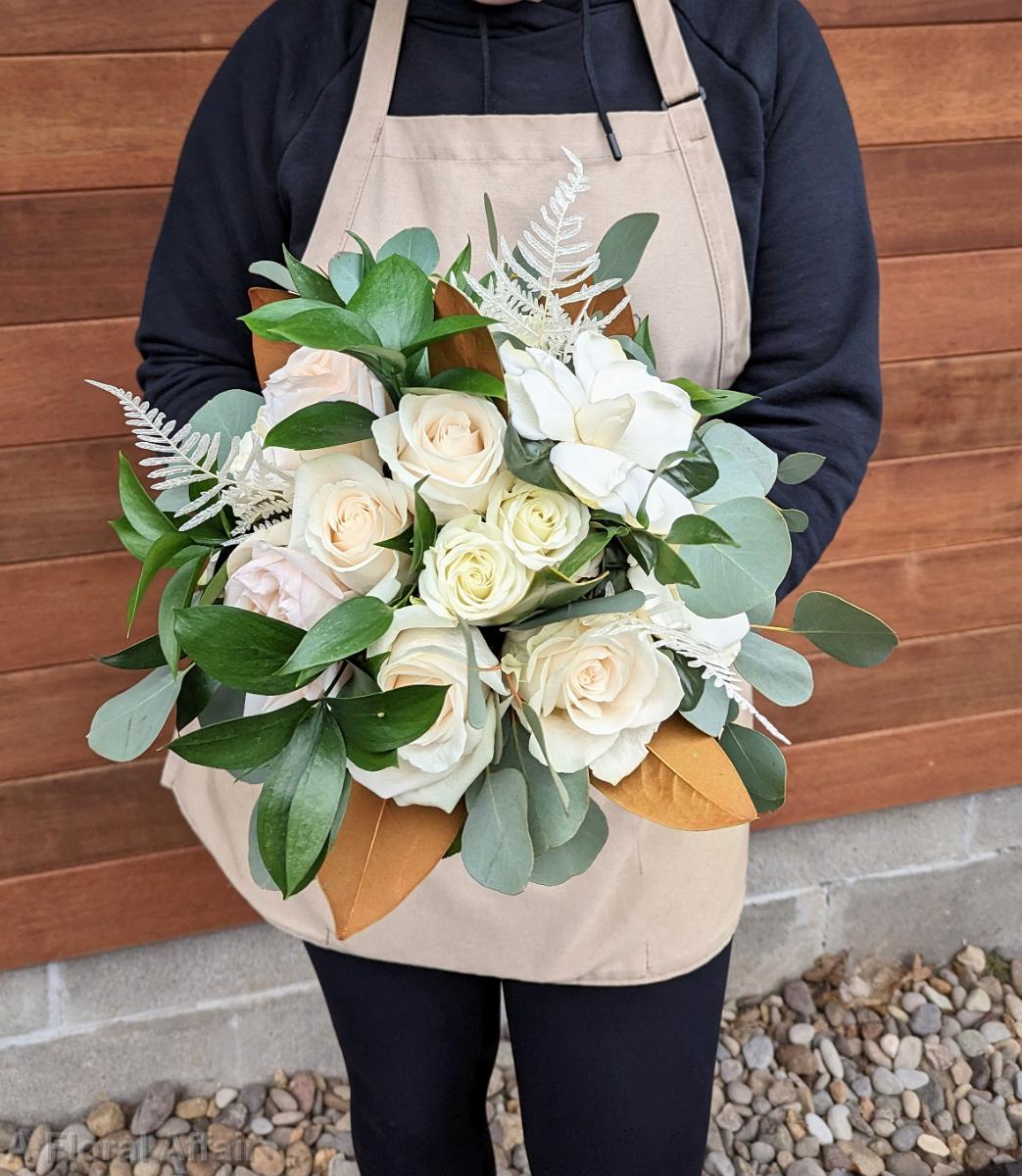 BB1702 - Bridal Bouquet with white roses, gardenias, and magnolia leaves