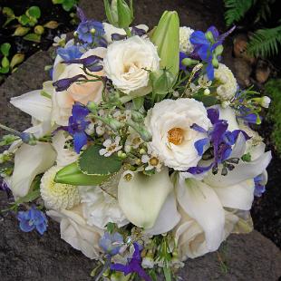 BB0285-White and Blue Mixed Garden Wedding Bouquet