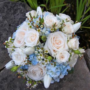 BB0331-Ivory Garden Rose, Wax Flower, and Blue Hydrangea Bouquet
