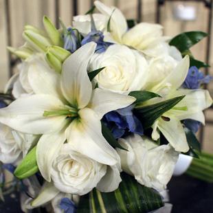 BB0525-White Lily, Rose, and Dark Blue Belladonna Bouquet
