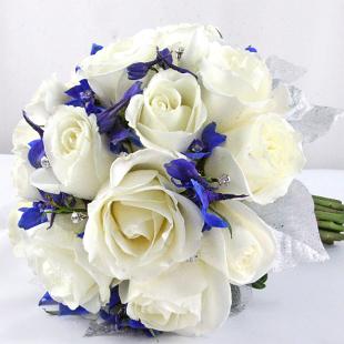BB0853-Winter White Rose and Blue Brides Bouquet