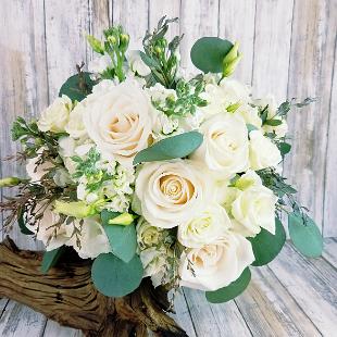 BB1413-Sophisticated White Rose, Lisianthus and Eucalyptus Brides Bouquet