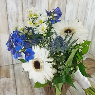 BB1472-Small White Gerbera Daisie, Spray Aster and Blue Belladonna Wedding Flowers