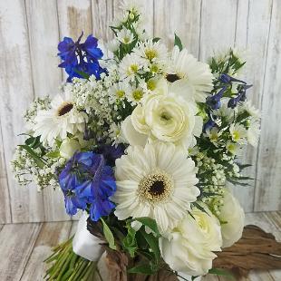 BB1473-White Gerbera Daisie, Ranunculas and Blue Belladonna Wedding Flowers