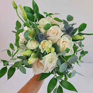 BB1566-Romantic White, Green with Blue Wedding Bouquet