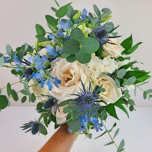 BB1567-Loose, Romantic Blue and White Brides Bouquet