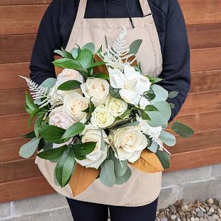 BB1702 - Bridal Bouquet with white roses, gardenias, and magnolia leaves