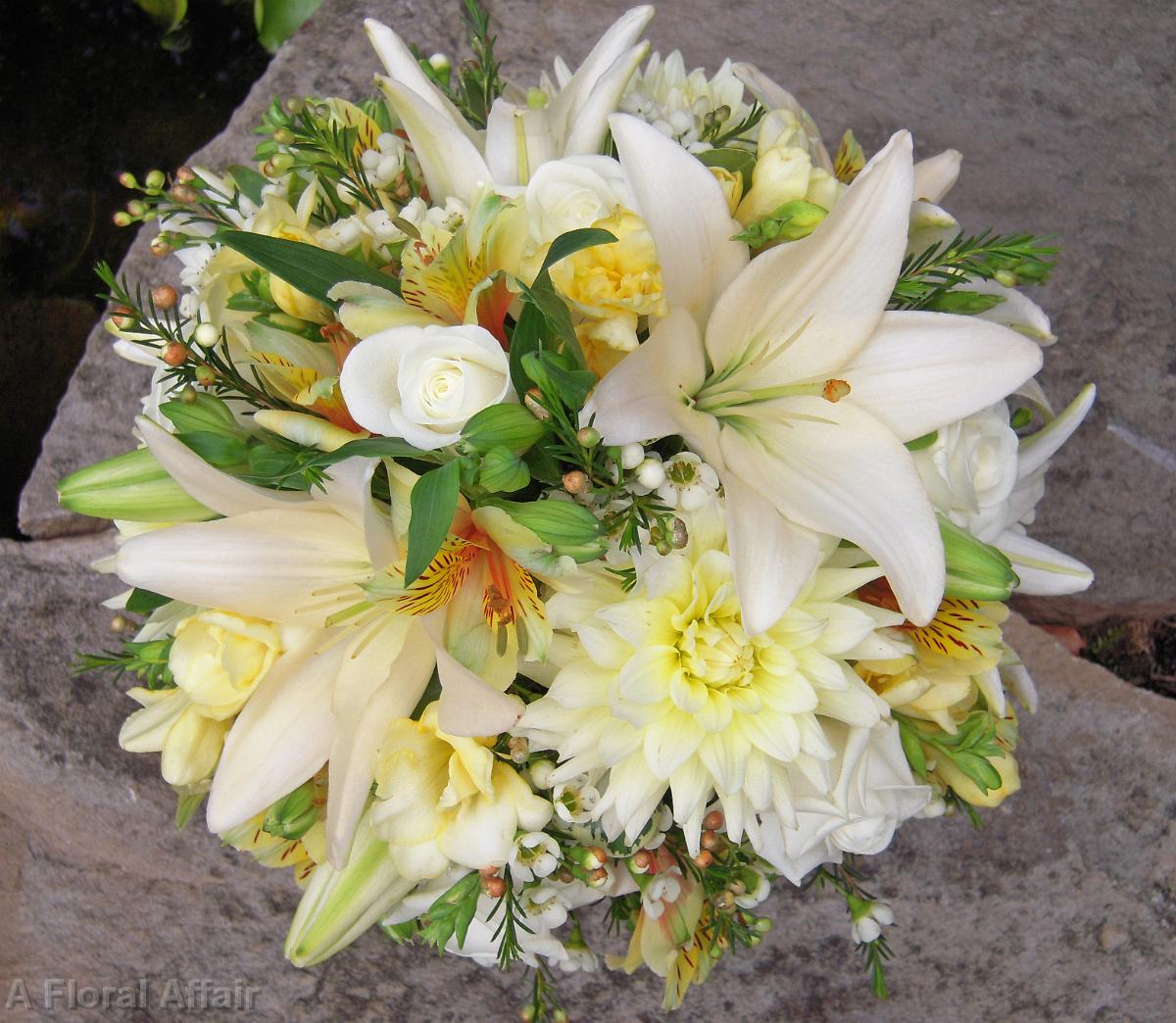 BB0265-White Lily, Dahlia, Rose, and Yellow Freesia Brides Bouquet